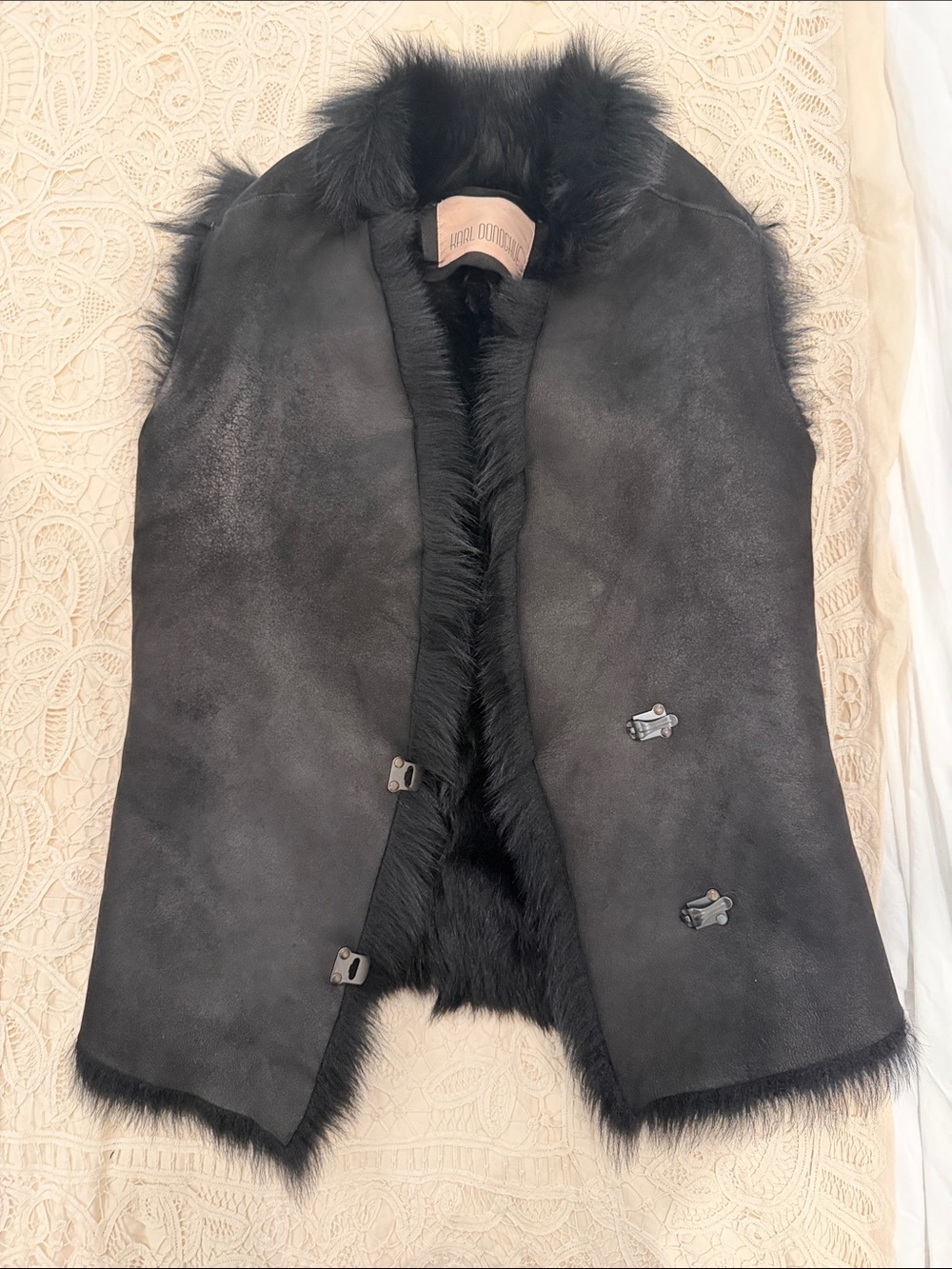 Women's Black Shearling Vest with Fur Trim